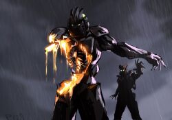 Rule 34 | 2boys, artist name, bionicle, cloud, commentary, english commentary, glowing, glowing eyes, green eyes, highres, jaller (bionicle), kanohi (bionicle), limited palette, liquid, looking down, male focus, mask, missing limb, multiple boys, open hands, prog ares, rain, ribs, takanuva (bionicle), the lego group