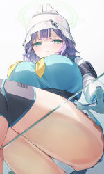 Rule 34 | 1girl, absurdres, against glass, armband, ass, ass on glass, black thighhighs, blue archive, blue hair, blue shirt, blue skirt, blush, breasts, closed mouth, commentary request, cropped legs, didi (didi h3), from below, green eyes, halo, hard hat, helmet, highres, large breasts, long sleeves, looking at viewer, looking down, neckerchief, panties, pleated skirt, saki (blue archive), shirt, short hair, simple background, skirt, solo, thick thighs, thighhighs, thighs, underwear, v-shaped eyebrows, wavy mouth, white background, white headwear, white panties, yellow halo, yellow neckerchief