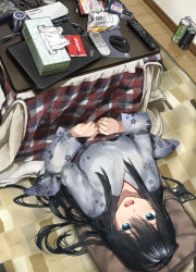 Rule 34 | 1girl, araido kagiri, black hair, blue eyes, brand name imitation, can, clutter, commentary request, computer, controller, drink can, dvd case, envelope, floral print, hair between eyes, headphones, highres, japanese clothes, kimono, kotatsu, laptop, long hair, looking up, lying, messy hair, mouse (computer), on floor, original, pillow, remote control, saliva, soda can, solo, table, tissue box, under kotatsu, under table, wire, yuki onna