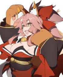 Rule 34 | 1girl, animal ear fluff, animal ears, animal hands, bare shoulders, bell, blush, bow, breasts, cleavage, collar, detached sleeves, fate/extra, fate/grand order, fate (series), fox ears, fox girl, fox tail, gloves, hair between eyes, hair bow, highres, japanese clothes, jingle bell, kimono, large breasts, long hair, looking at viewer, neck bell, obi, open mouth, paw gloves, pink hair, ponytail, red bow, red kimono, ri o ne su, sash, sidelocks, smile, solo, tail, tamamo (fate), tamamo cat (fate), tamamo cat (first ascension) (fate), wide sleeves, yellow eyes