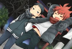 Rule 34 | 2boys, arms up, black hair, blush, dutch angle, hands in pockets, highres, jacket, jumping, male focus, multiple boys, open mouth, original, outdoors, pants, pocchipocchi, red hair, scarf, tree
