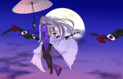 Rule 34 | 1girl, absurdres, adapted costume, akiyama cz4a, armpits, bare shoulders, between thighs, black thighhighs, blonde hair, bow, breasts, cloud, dress, floating, floral print, full moon, gap (touhou), glowing, glowing eyes, gradient background, gradient eyes, hair bow, hair ribbon, hand in own hair, high heels, highres, holding, holding umbrella, layered dress, long hair, looking at viewer, moon, multicolored eyes, multicolored sky, night, night sky, no headwear, oil-paper umbrella, parted lips, purple eyes, purple sky, red footwear, ribbon, shoes, showgirl skirt, sky, smile, solo, tabard, teeth, thighhighs, touhou, twilight, umbrella, very long hair, white dress, yakumo yukari