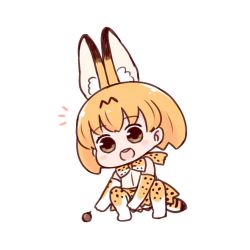 Rule 34 | 10s, 1girl, :d, animal ears, bare shoulders, batta (ijigen debris), blush stickers, bow, bowtie, brown eyes, chibi, commentary request, elbow gloves, full body, gloves, high-waist skirt, kemono friends, looking at viewer, nut (food), open mouth, orange bow, orange bowtie, orange hair, serval (kemono friends), serval print, serval tail, shirt, short hair, simple background, skirt, sleeveless, sleeveless shirt, smile, solo, squatting, tail, thighhighs, white background, white shirt