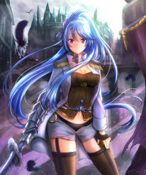 Rule 34 | 1girl, absurdres, asymmetrical gloves, black feathers, black gloves, black panties, black shirt, blue hair, blurry, blurry foreground, breasts, brown thighhighs, castle, cleavage, closed mouth, contrapposto, cowboy shot, feathers, fingerless gloves, floating hair, frown, fujimori shiki, garter straps, gauntlets, gloves, grey jacket, grey shorts, hair between eyes, highres, holding, holding sword, holding weapon, jacket, long hair, long sleeves, looking at viewer, medium breasts, midriff, military jacket, navel, open clothes, open jacket, open shorts, original, outdoors, panties, purple eyes, shirt, short shorts, shorts, single glove, solo, standing, stomach, sword, thighhighs, underwear, uneven gloves, very long hair, warrior, weapon, zettai ryouiki