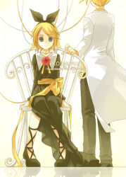 Rule 34 | 1boy, 1girl, bat (coumori), blonde hair, blue eyes, brother and sister, cable, chair, dress, empty eyes, hair ribbon, kagamine len, kagamine rin, kokoro (vocaloid), lab coat, ribbon, shoes, short hair, siblings, sitting, smile, twins, vocaloid