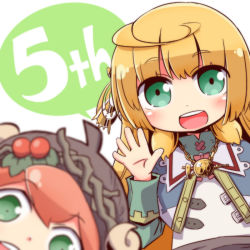 Rule 34 | 2girls, :d, blonde hair, blue capelet, blurry, blurry foreground, blush, brown hair, brown hat, capelet, commentary request, copyright request, curled horns, depth of field, green eyes, hair ornament, hand up, hat, horns, long hair, medallion, multiple girls, naga u, open mouth, round teeth, shirt, smile, speech bubble, teeth, upper teeth only, white background, white shirt