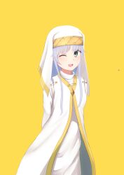 Rule 34 | 1girl, 2022, 20s, arms behind back, blush, elnath6666, female focus, green eyes, grey hair, highres, index (toaru majutsu no index), long hair, looking at viewer, nun, one eye closed, open mouth, smile, solo, standing, toaru majutsu no index, wink, yellow background