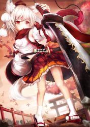 Rule 34 | 1girl, animal ears, detached sleeves, dutch angle, foreshortening, geta, hat, highres, inubashiri momiji, midriff, navel, planted sword, planted, pom pom (clothes), red eyes, red scarf, scarf, short hair, skirt, socks, solo, sword, tail, tokin hat, torii, touhou, umagenzin, weapon, white hair, wolf ears