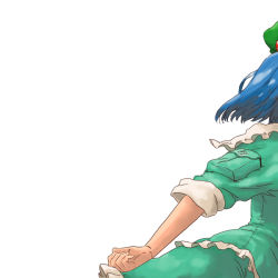 Rule 34 | 1girl, bad id, bad pixiv id, blue hair, blush, female focus, hair bobbles, hair ornament, hat, kawashiro nitori, matsutani, rejection, running, simple background, solo, touhou, two side up, white background