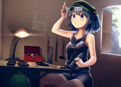 Rule 34 | 1girl, adjusting eyewear, arm up, bare arms, bare shoulders, black tank top, blue eyes, blue hair, blush, breasts, cabbie hat, collarbone, commentary, desk lamp, eyewear on head, glasses, green hat, hair bobbles, hair ornament, hat, indoors, kawashiro nitori, kisamu (ksmz), lamp, parted lips, puff of air, short hair, short shorts, shorts, sitting, small breasts, soldering iron, solo, tank top, thighs, toolbox, touhou