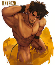Rule 34 | 1boy, 2020, ;), abs, animal ears, arkapami, artist name, bara, blush, cat boy, cat ears, collarbone, completely nude, cropped legs, erection, from above, hand on penis, happy new year, highres, large pectorals, male focus, male pubic hair, muscular, navel, navel hair, new year, nipples, nude, one eye closed, original, pectorals, penis, penis grab, pubic hair, short hair, simple background, smile, solo, thick thighs, thighs, uncensored, veins, veiny penis, wading, wet, white background