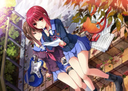 Rule 34 | 10s, 2girls, angel beats!, ankle boots, black footwear, blue skirt, boots, box, brand name imitation, brown hair, cable, can, cardigan, closed mouth, digital media player, drink can, dutch angle, earphones, electric guitar, eyebrows, finger to mouth, guitar, hisako (angel beats!), holding, holding paper, instrument, iwasawa masami, leaf, leaning on person, leaning to the side, long sleeves, looking at viewer, miniskirt, multiple girls, outdoors, paper, parted lips, pavement, pleated skirt, railing, red eyes, red hair, school uniform, serafuku, shade, shared earphones, sheet music, short hair, shushing, sitting, sitting on stairs, skirt, sleeping, smile, soda can, stairs, tazu, thigh strap, tree