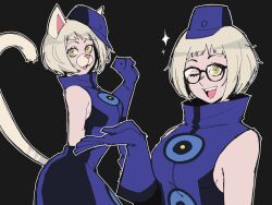 Rule 34 | 1girl, 4th chaos emerald, animal ears, bare shoulders, black-framed eyewear, black background, blue dress, blue gloves, blue headwear, breasts, commentary, cowboy shot, dress, elizabeth (persona), english commentary, fake animal ears, fake tail, glasses, gloves, grey hair, hat, highres, large breasts, looking at viewer, mini hat, multiple views, one eye closed, open hand, open mouth, persona, persona 3, persona 3 reload, short hair, sleeveless, sleeveless dress, sparkle, tail, upper body, yellow eyes