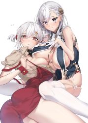 Rule 34 | 2girls, absurdres, asymmetrical docking, azur lane, belfast (azur lane), belfast (azur lane) (cosplay), belfast (piping-hot perfection) (azur lane), breast curtains, breast press, breasts, china dress, chinese clothes, cleavage, cosplay, costume switch, dress, furon (froon), gloves, highres, huge breasts, large breasts, looking at viewer, lying, multiple girls, official alternate costume, on side, purple eyes, red eyes, simple background, sirius (azur lane), sirius (azur lane) (cosplay), sirius (azure horizons) (azur lane), sitting, thighhighs, thighs, wariza, white background, white hair, wrist cuffs
