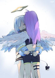 Rule 34 | amane kanata, angel, angel wings, blue hair, colored inner hair, demon girl, feathered wings, fishnet legwear, fishnets, halo, highres, hololive, hug, kamejikiriga, long hair, multicolored hair, multiple girls, purple hair, short hair, silver hair, single thighhigh, skirt, thighhighs, tokoyami towa, virtual youtuber, wings