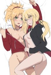 Rule 34 | 2girls, artoria pendragon (all), artoria pendragon (fate), ass, blonde hair, blush, bottomless, braid, breasts, coat, collarbone, fang, fate/grand order, fate (series), father and son, green eyes, hair between eyes, hair ornament, hair ribbon, hair scrunchie, highres, incest, jacket, looking at viewer, lying, medium breasts, mordred (fate), mordred (fate/apocrypha), mother and daughter, multiple girls, naked coat, naked jacket, no bra, off-shoulder jacket, off shoulder, on back, open clothes, open mouth, red jacket, red scrunchie, ribbon, saber alter, scrunchie, sketch, tonee, yellow eyes, yuri