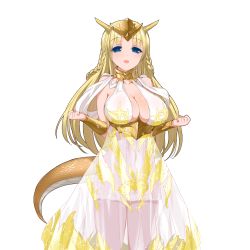 Rule 34 | 1girl, blonde hair, blue eyes, bracer, braid, breasts, character request, clenched hands, cowboy shot, dragon tail, highres, kusaka souji, large breasts, long hair, looking at viewer, monster girl, official art, open mouth, see-through, solo, sparkle, tail, transparent background, uchi no hime-sama ga ichiban kawaii, yellow theme