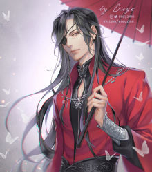 Rule 34 | 1boy, artist name, bishounen, black hair, bug, butterfly, butterfly necklace, chinese clothes, ereyz, eyepatch, grey eyes, hua cheng, insect, long hair, male focus, oil-paper umbrella, outdoors, red umbrella, solo, standing, tianguan cifu, umbrella, upper body, white butterfly