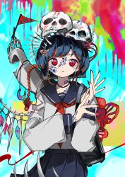 Rule 34 | 1girl, abstract background, absurdres, beads, black hair, black skirt, blunt bangs, bone, cable, colorful, cowboy shot, crescent, earrings, fingernails, flag, hair ornament, highres, jewelry, long sleeves, looking to the side, multicolored background, nail polish, neruzou, original, pleated skirt, red eyes, red nails, sailor collar, school uniform, short hair, skirt, skull on head, smokestack, solo, standing, surreal