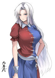 Rule 34 | 1girl, absurdres, blue eyes, breasts, closed mouth, commentary, forehead, grey hair, hand on own hip, highres, large breasts, long hair, looking at viewer, puffy short sleeves, puffy sleeves, short sleeves, signature, simple background, solo, split-color clothes, symbol-only commentary, touhou, two-tone shirt, very long hair, white background, yagokoro eirin, yagoro kusuriya