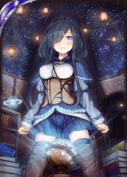 Rule 34 | 1girl, akkijin, black hair, blue eyes, book, boots, card (medium), hair ornament, high heel boots, high heels, indoors, lamp, library, lolita fashion, looking at viewer, one eye covered, orbit, planet, projector, shinkai no valkyrie, solo, star (symbol), thighhighs