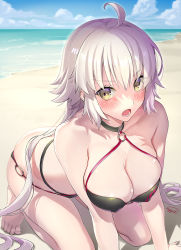 Rule 34 | 1girl, ahoge, all fours, bare shoulders, barefoot, beach, bikini, black bikini, blue sky, blush, breasts, choker, cleavage, collarbone, commentary request, covered erect nipples, day, eyes visible through hair, fate/grand order, fate (series), full body, hair between eyes, highres, jeanne d&#039;arc alter (swimsuit berserker) (fate), jeanne d&#039;arc (fate), jeanne d&#039;arc alter (fate), jeanne d&#039;arc alter (swimsuit berserker) (fate), large breasts, long hair, looking at viewer, lowleg, lowleg bikini, o-ring, ocean, open mouth, outdoors, sage joh, sand, skindentation, sky, solo, swimsuit, toes, yellow eyes