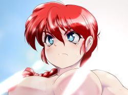 Rule 34 | 1girl, blue eyes, braid, breasts, censored, censored nipples, closed mouth, convenient censoring, cowboy shot, frown, genderswap, genderswap (mtf), large breasts, light censor, light rays, nude, ranma-chan, ranma 1/2, red hair, saotome ranma, single braid, solo, sweat, transparent background, upper body