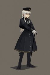 Rule 34 | 1girl, absurdres, black capelet, black dress, black footwear, black hat, boots, braid, bright pupils, cane, capelet, closed mouth, dress, french braid, full body, gloves, gogalking, grey background, grey ribbon, hat, highres, long hair, looking at viewer, neck ribbon, original, ribbon, simple background, solo, v arms, white gloves, white hair, white pupils, yellow eyes
