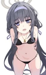 Rule 34 | 1girl, absurdres, bare arms, bare legs, bare shoulders, bikini, black bikini, black hair, blue archive, blush, breasts, collarbone, cowboy shot, hairband, halo, highres, jewelry, kilabo, long hair, looking at viewer, navel, official alternate costume, open mouth, pendant, purple eyes, purple hairband, simple background, small breasts, solo, swimsuit, ui (blue archive), ui (swimsuit) (blue archive), white background