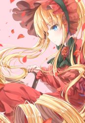 Rule 34 | 1girl, bad id, bad pixiv id, blonde hair, blue eyes, bow, dress, flower, hat, long hair, long sleeves, petals, pink background, ponytail, red dress, red flower, red rose, rose, rozen maiden, shinku, solo, transistor, very long hair