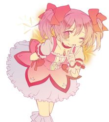 Rule 34 | 1girl, ;), arm behind back, blush, breasts, bubble skirt, buttons, choker, collarbone, dot nose, feet out of frame, finger to mouth, floral background, frilled skirt, frilled sleeves, frilled socks, frills, gloves, gradient background, hair between eyes, hair ribbon, happy, kaname madoka, kneehighs, leaning, leaning forward, looking at viewer, mahou shoujo madoka magica, mahou shoujo madoka magica (anime), matsuri (meduse10924), one eye closed, orange background, pink hair, puffy short sleeves, puffy sleeves, red choker, red neckwear, red ribbon, ribbon, short sleeves, short twintails, simple background, skirt, small breasts, smile, socks, solo, soul gem, standing, twintails, white background, white gloves, white skirt, white socks