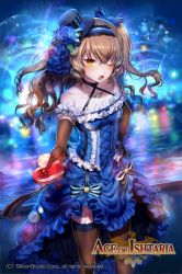 Rule 34 | 1girl, ;o, age of ishtaria, bare shoulders, blue dress, blue flower, blue rose, blush, bodice, bow, box, brown gloves, brown thighhighs, copyright notice, dress, elbow gloves, flower, frilled dress, frills, gift, gloves, hair bow, hair flower, hair ornament, hairband, halterneck, heart-shaped box, kikugetsu, lace, lace-trimmed legwear, lace trim, lolita hairband, night, official art, one eye closed, original, puffy short sleeves, puffy sleeves, ringlets, rose, short sleeves, solo, thighhighs, tsundere, valentine, water