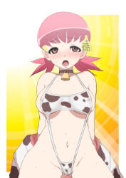 Rule 34 | 1girl, animal print, areola slip, backlighting, bell, black choker, blush, breasts, choker, commentary request, cow print, cowbell, creatures (company), ear tag, game freak, groin, half-closed eyes, halterneck, highres, japanese clothes, kimono, kimono pull, large breasts, low twintails, makoto daikichi, medium hair, neck bell, nintendo, one-piece swimsuit, partial commentary, pink eyes, pink hair, pokemon, pokemon gsc, print swimsuit, pulling own clothes, sitting, slingshot swimsuit, solo, sunlight, sweat, swimsuit, twintails, white one-piece swimsuit, whitney (pokemon)