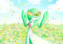 Rule 34 | 1girl, ^ ^, absurdres, blue flower, blue sky, bob cut, closed eyes, cloud, colored skin, creatures (company), day, female focus, field, flat chest, flower, flower field, flower wreath, game freak, gardevoir, gen 3 pokemon, grass, green hair, green skin, hair over one eye, halftone, hands up, happy, highres, huge filesize, multicolored skin, nintendo, open mouth, orange flower, outdoors, petals, pink flower, pokemon, pokemon (creature), red flower, shiny skin, short hair, sky, smile, solo, standing, sunlight (pixiv 58556076), two-tone skin, white flower, white skin, yellow flower