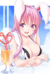 Rule 34 | 1girl, :d, animal ears, bikini, black bikini, blue sky, blush, breasts, chair, cloud, collarbone, commentary request, cup, day, drinking glass, drinking straw, hair between eyes, hisae (hisae collect), hood, hooded jacket, index finger raised, jacket, large breasts, long hair, looking at viewer, open clothes, open jacket, open mouth, outdoors, purple hair, rabbit ears, red eyes, reflection, reisen udongein inaba, sky, sleeveless, sleeveless jacket, smile, solo, swimsuit, touhou, upper body, white jacket
