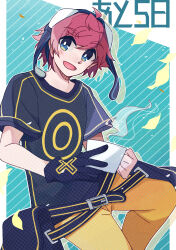 Rule 34 | 1boy, absurdres, aiba takumi, belt, blue eyes, digimon, gloves, highres, male focus, red hair, shorts, smile, solo