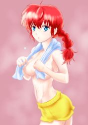 Rule 34 | 1girl, bad id, bad pixiv id, boxers, braid, braided ponytail, breasts, closed mouth, commentary, cowboy shot, from side, gender request, genderswap, highres, light frown, looking at viewer, male underwear, medium breasts, medium hair, nabe puyo, navel, ranma-chan, ranma 1/2, red hair, saotome ranma, single braid, solo, standing, steam, topless, towel, towel around neck, underwear, wet