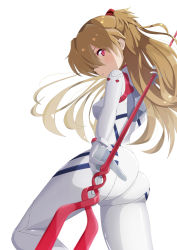Rule 34 | 1girl, absurdres, artist request, ass, bodysuit, breasts, covered navel, evangelion: 3.0+1.0 thrice upon a time, hair ornament, highres, holding, holding weapon, huge ass, lance of longinus (evangelion), long hair, looking at viewer, looking back, medium breasts, neon genesis evangelion, one eye covered, orange hair, plugsuit, polearm, rebuild of evangelion, red eyes, shiny clothes, simple background, solo, souryuu asuka langley, two side up, weapon, white background, white bodysuit