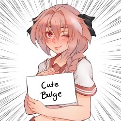 Rule 34 | 1boy, ;), astolfo (fate), astolfo (sailor paladin) (fate), black ribbon, blush, braid, emphasis lines, english text, fate/apocrypha, fate (series), hair between eyes, hair intakes, hair ribbon, heart, heart-shaped pupils, highres, holding, holding sign, long braid, looking at viewer, male focus, meme, midriff, nat the lich, navel, official alternate costume, one eye closed, pink hair, red eyes, ribbon, school uniform, serafuku, sign, single braid, smile, solo, symbol-shaped pupils, trap