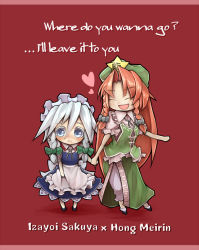 Rule 34 | 2girls, apron, apron tug, bad id, bad pixiv id, blue eyes, bow, braid, character name, chibi, english text, closed eyes, frown, hair bow, holding hands, hat, heart, hong meiling, izayoi sakuya, long hair, looking at viewer, maid headdress, multiple girls, open mouth, pants, puffy short sleeves, puffy sleeves, red background, red hair, short hair, short sleeves, silver hair, skirt, skirt set, star (symbol), teko, touhou, twin braids, very long hair, vest, waist apron