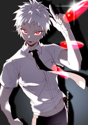 Rule 34 | 1boy, absurdres, artist name, badge, black necktie, blouse, breast pocket, bullet, collared shirt, commentary request, cowboy shot, danganronpa (series), danganronpa 2: goodbye despair, gloves, glowing, glowing eyes, grey background, hand up, highres, hinata hajime, hinata hajime (awakened), index finger raised, looking at viewer, lower teeth only, male focus, navel, necktie, open mouth, pocket, pointing, red eyes, shadow, shirt, short hair, short sleeves, smile, solo, spot color, sword, teeth, tuteurfars shin, upper body, weapon, white hair, white shirt