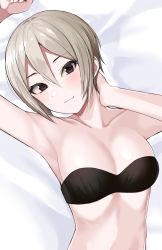 Rule 34 | 1girl, armpits, arms behind head, arms up, bad id, bad pixiv id, bandeau, bare shoulders, black eyes, blush, breasts, cleavage, closed mouth, collarbone, commentary request, earrings, gomashi (goma), grey hair, hair between eyes, highres, idolmaster, idolmaster cinderella girls, jewelry, looking at viewer, lying, medium breasts, on back, parted bangs, revision, shiomi syuko, short hair, smile, solo
