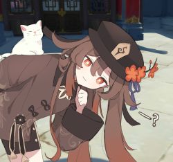 Rule 34 | 1girl, 3d background, :3, ?, branch, brown coat, brown hair, brown hat, brown shorts, cat, cat on person, closed mouth, coat, commentary request, flower, flower-shaped pupils, game screenshot background, genshin impact, hair flaps, hair flowing over, hat, hat flower, hat tassel, highres, hu tao (genshin impact), korean commentary, leaning to the side, long hair, long sleeves, peeking out, plum blossoms, red eyes, red flower, shorts, sidelocks, smile, solo, symbol-shaped pupils, talisman, tassel, twintails, very long hair, white cat, yuuli (tuna221022)