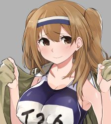 Rule 34 | 10s, 1girl, blush, breasts, brown eyes, brown hair, cleavage, clothes writing, collarbone, covered erect nipples, grey background, hairband, highres, i-26 (kancolle), kantai collection, large breasts, long hair, one-piece swimsuit, open clothes, sailor collar, school swimsuit, simple background, smile, solo, swimsuit, swimsuit under clothes, two-tone hairband, two side up, wataro (watawatawatapon)