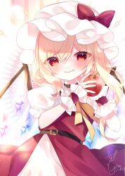 Rule 34 | 1girl, apple, belt, belt buckle, blonde hair, buckle, cacao (cacaomgmg), choker, flandre scarlet, food, fruit, hat, hat ribbon, highres, holding, holding food, holding fruit, red ribbon, ribbon, smile, solo, touhou, white hat, wings, yellow ribbon