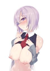 Rule 34 | 1girl, between breasts, blush, breast suppress, breasts, breasts out, bright pupils, clothes lift, fate/grand order, fate (series), hair over one eye, hands on own chest, highres, huge breasts, kylin, light purple hair, mash kyrielight, navel, necktie, necktie between breasts, nipples, off shoulder, parted lips, purple eyes, sagging breasts, shirt lift, simple background, solo, sweatdrop, white background