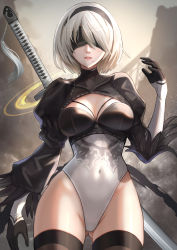 Rule 34 | 1girl, backlighting, black gloves, black hairband, black thighhighs, blindfold, breasts, cleavage, cleavage cutout, clothing cutout, covered eyes, covered navel, cowboy shot, gloves, gluteal fold, hairband, highleg, highleg leotard, highres, juliet sleeves, large breasts, leotard, long sleeves, mole, mole under mouth, nier (series), nier:automata, outdoors, parted lips, pink lips, puffy sleeves, rothy (user cezn8425), short hair, simple background, solo, sword, sword behind back, thighhighs, thighs, two-tone leotard, weapon, 2b (nier:automata)
