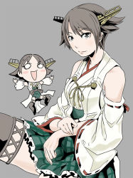 Rule 34 | 10s, 1girl, ahoge, bare shoulders, boots, brown hair, chibi, detached sleeves, double bun, flipped hair, hairband, headgear, hiei (kancolle), japanese clothes, kamizono (spookyhouse), kantai collection, looking at viewer, multiple views, no legwear, nontraditional miko, open mouth, pleated skirt, ribbon-trimmed sleeves, ribbon trim, short hair, skirt, smile, thigh boots, thighhighs, uniform