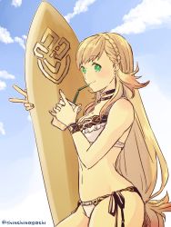 Rule 34 | 1girl, absurdres, bikini, blonde hair, blush, braid, day, fire emblem, fire emblem heroes, green eyes, highres, long hair, looking at viewer, nintendo, nishimura (shinchinagachi), official alternate costume, sharena (fire emblem), sharena (summer) (fire emblem), simple background, sky, smile, solo, surfboard, swimsuit, very long hair, white background