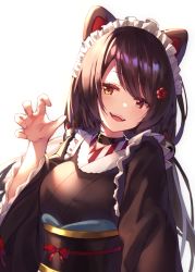 Rule 34 | 1girl, :d, absurdres, animal ears, backlighting, black hair, blush, breasts, brown eyes, brown kimono, claw pose, commentary request, dog ears, dog hair ornament, fangs, flower, hair flower, hair ornament, hand up, heterochromia, highres, inui toko, japanese clothes, kimono, long hair, long sleeves, low twintails, maid, maid headdress, medium breasts, nijisanji, obi, open mouth, red eyes, red flower, sash, simple background, smile, solo, teeth, twintails, upper teeth only, virtual youtuber, wa maid, white background, wide sleeves, yuuki nao (pixiv10696483)